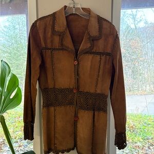 Vintage Brown Suede Women's Jacket with Crochet Details